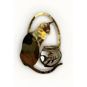Wild Bryde Kitty Cat & Fish Bowl Brooch Pin Gold Tone
